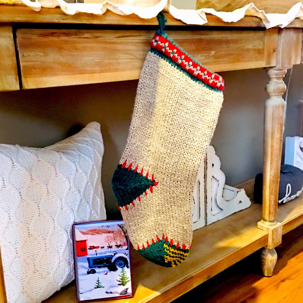 Vintage knit crochet Christmas stocking and farmhouse winter cards set
